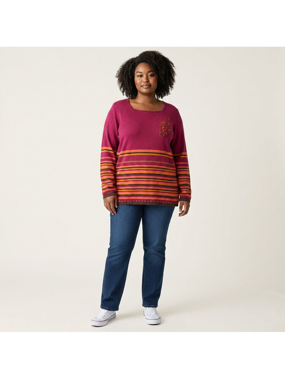 Judith Hart Sweater Pullover Women 1X Plus Red Striped Knit Long Sleeve Linen